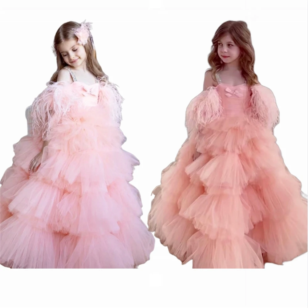 

Luxurious Pink Flower Girl Dress Tulle Layering For Wedding Dresses Puffy Tulle Feathers Ruffles Elegant Princess Ball Gowns