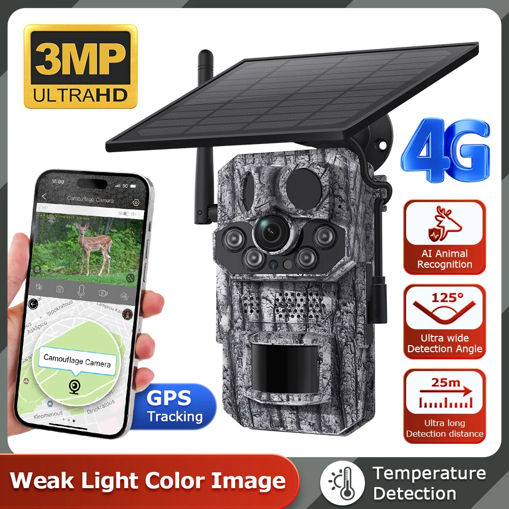 3MP 3PIRs 4G 5W Solar Battery Hunting trail IP Camera Solar Outdoor Security Camera Wireless 4G Sim Surveillance Network Camera