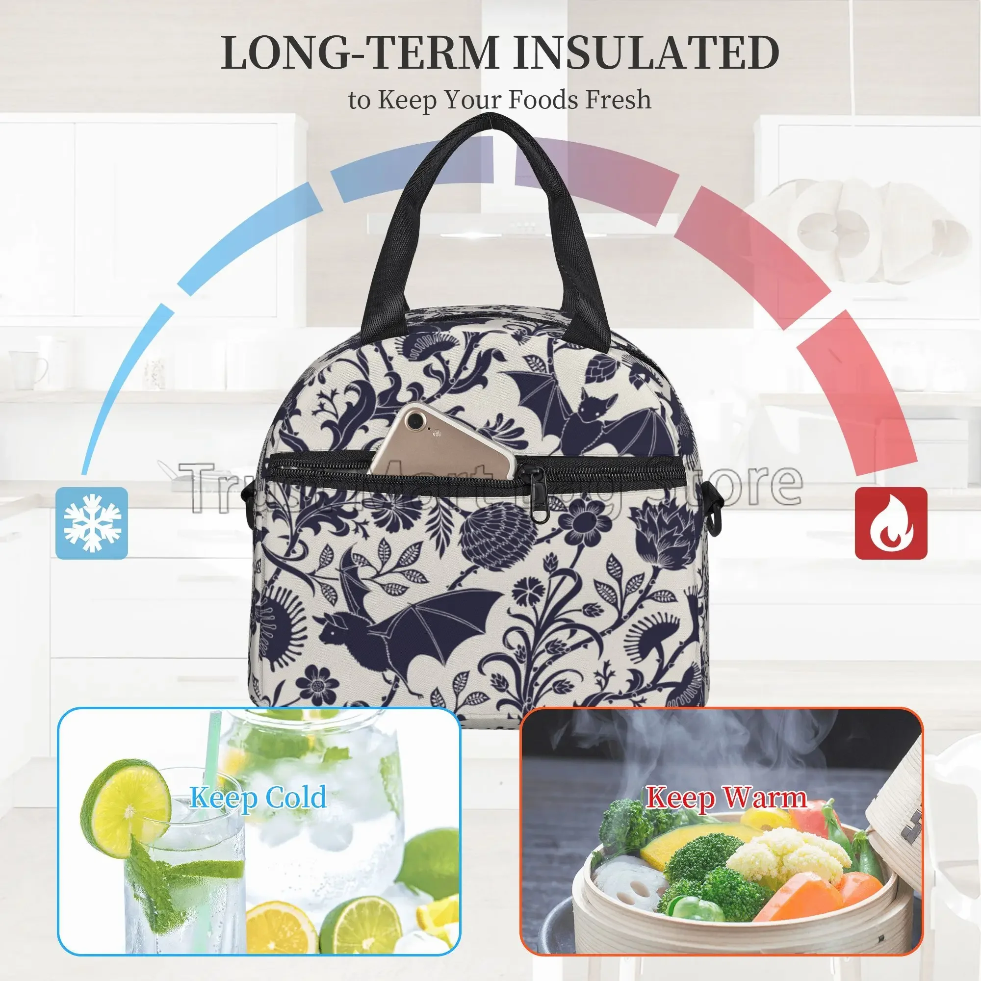 Halloween Bats Insulated Lunch Bag Reusable Thermal Cooler Bento Tote Bags with Adjustable Shoulder Strap for Work Travel Picnic