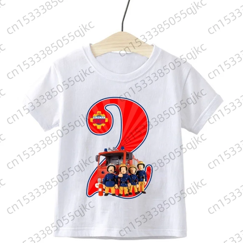 Kids Fireman Sam Birthday Age Numbers T Shirt Children Firefighter Bday Party Tshirt Boys Girls Casual Tee Tops Outfit