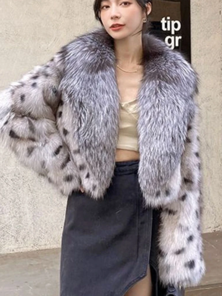 Women Winter Faux Silver Fox Fur Coat Leopard Pattern Imitation Mink Fur Jacket with Big Fur Collar Parka Cardigan Flocking Tops