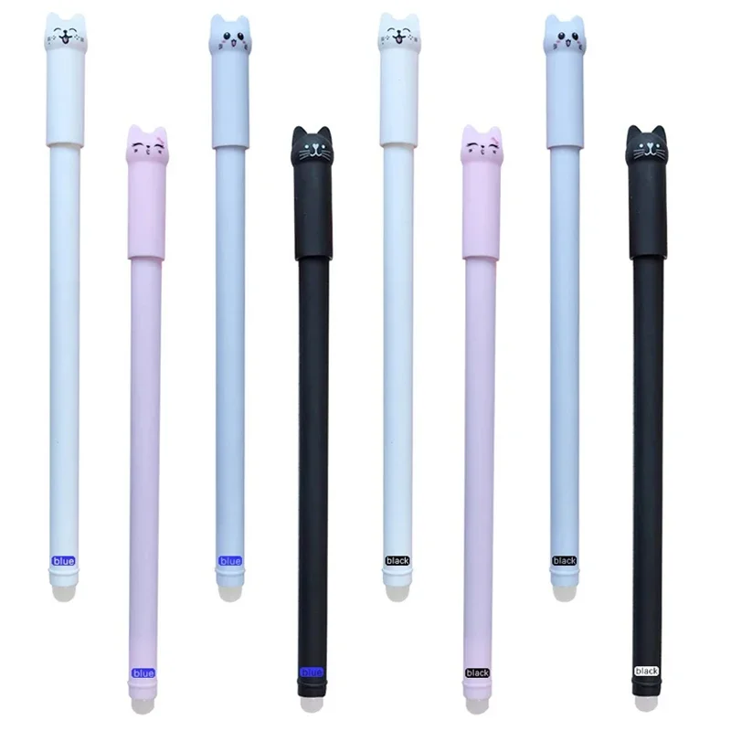 0.5mm Kawaii Kitten Erasable Gel Pen Set with Eraser Refills Black Blue Magic Ink Writing Painting Cute Stationery Supplies