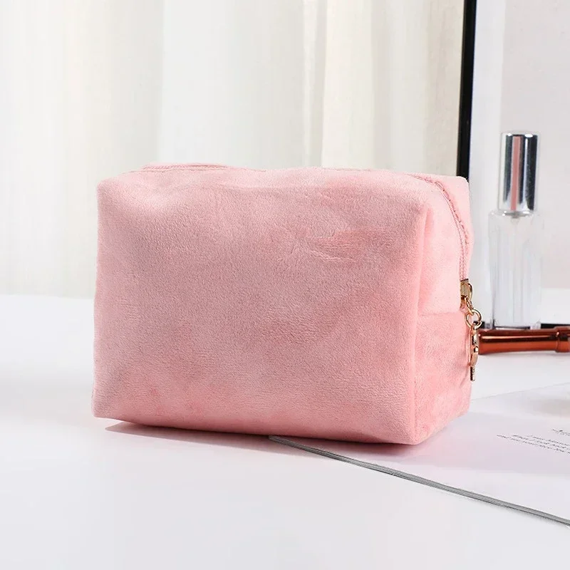 Candy Color Plush Zipper Women Cosmetic Bag Fashion Solid Color Makeup Organizer Storage Bag Daily Storage Travel Makeup Case