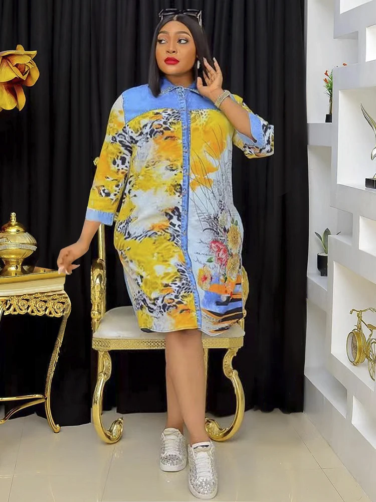 2024 Summer Shirt Dresses Elegant Women Dashiki Print Midi Robe African Turkey Loose Boubou Party Gown Clothing Vestido Feminino