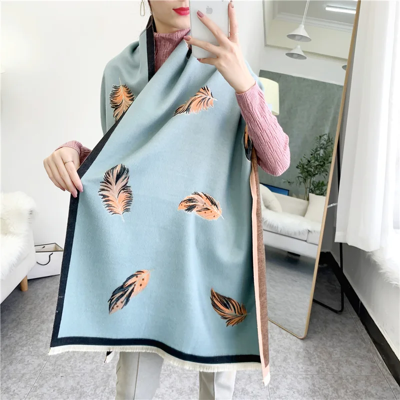 Good Thick Feather Print Acrylic Cashmere Scarf Long Shawl Women Autumn Winter Fashion Warm Neckerchief Office Leisure Travel