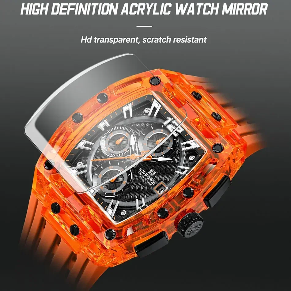 NAVIFORCE relojes para hombre, reloj de cuarzo de marca superior, cronómetros de silicona para hombre, relojes de pulsera Tonneau multifuncionales