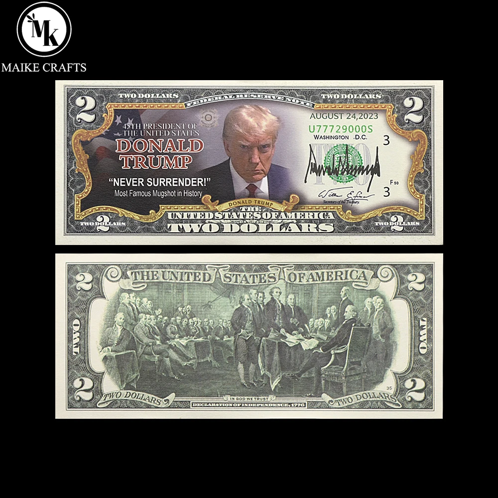 2024 President Donald Trump Banknote Imprisonment Surrendered Head Shot Two Dollars Paper Money with UV and Serial Number Gifts