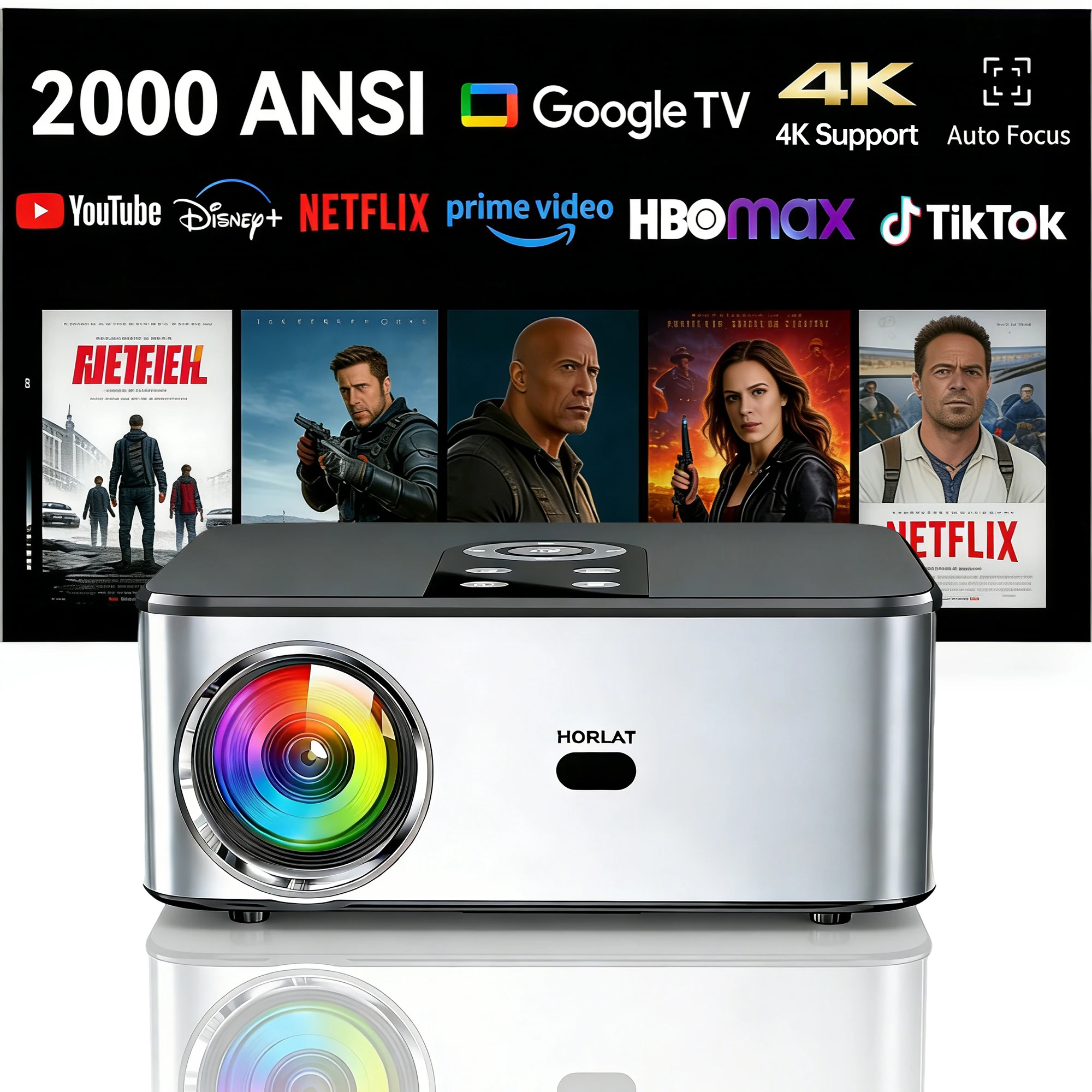 Projektor HORLAT T03 40000 Lumenów 4K Beamer Android TV Full HD 1080P 8K Video Audio Kino Domowe Auto Focus Keystone 5G Dual WiFi