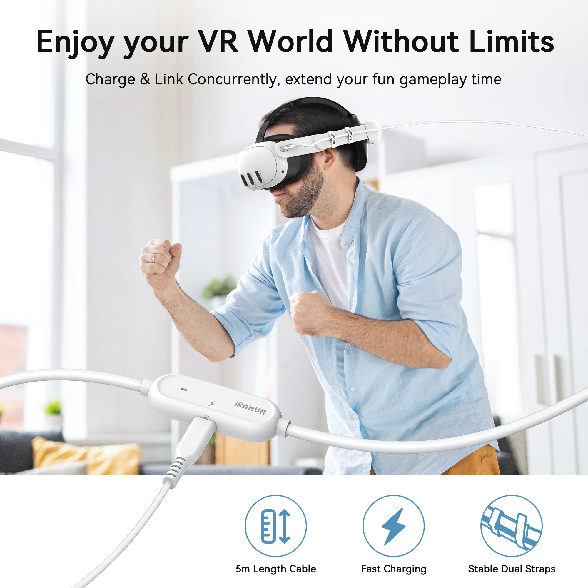 Kabel AMVR VR Link do Meta Quest 3/3S/Quest 2 Pico 4 Akcesoria 36W USB3.0 Szybkie Ładowanie Zestawu VR Możliwość Gry podczas Ładowania — zdjęcie produktu 6