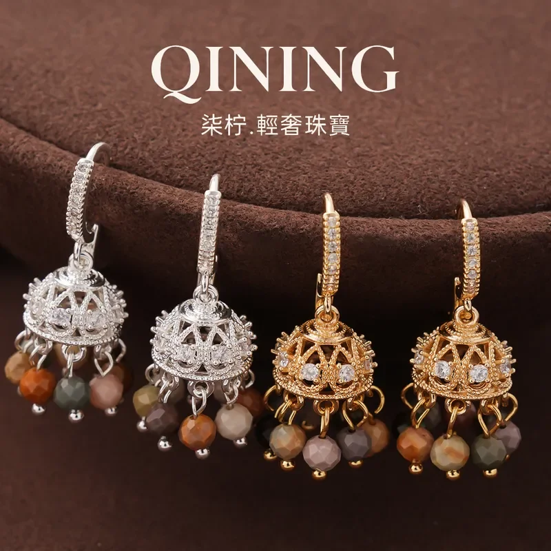Dome tower falling jade, retro ethnic style stone fringed ear buckle banquet luxury party earrings light luxury niche