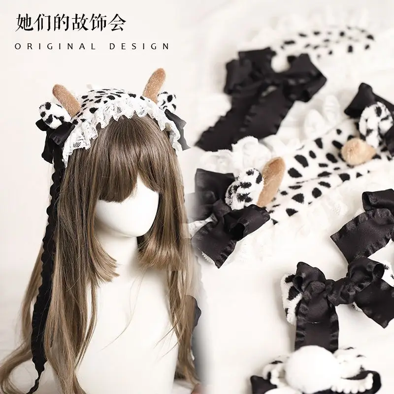 Kawaii Cow Print Headband Lace Bow Head Wrap Lolita Wedding Party Cosplay Maid Headdress Women Girls Anime Hair Accessories