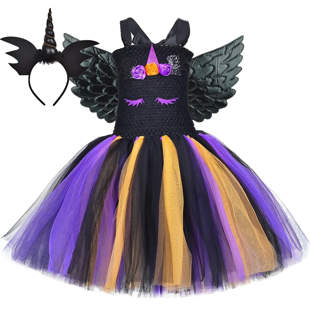Girls Black Evil Dark Unicorn Costume Kids Carnival Holiday Party Tutu Dress Toddler Girl Halloween Princess Dress Up Clothes