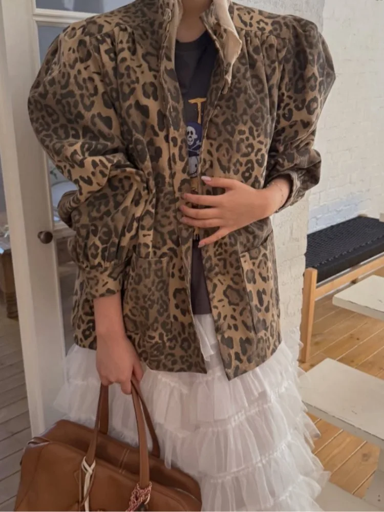 

Chic Vintage Stand Collar Leopard Print Loose Casual Long Sve Ele Outerwear for Women Autumn New Sle Comfortable Coat