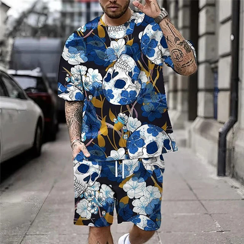 Summer Mens Casual T Shirt Two Piece Set Oversize Short Sleeve O Neck Tops And Shorts Men Suits Fashion Skull Print Male Outfits