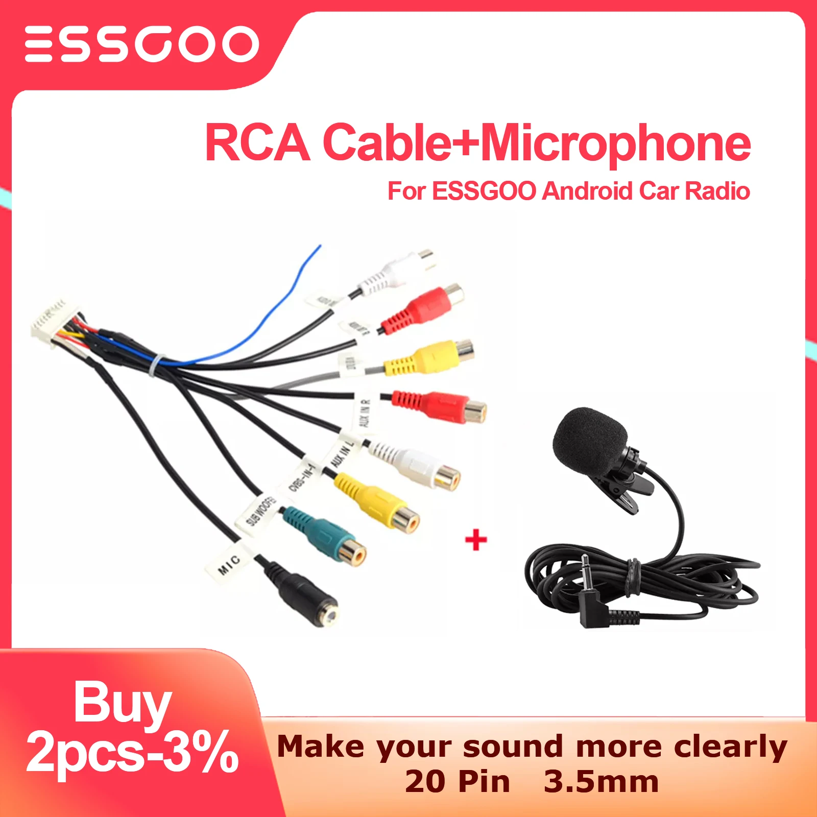 ESSGOO Car Radio 3.5mm Microphone Subwoofer Wires Mic 20 Pin RCA Cable For Android Stereo Output Subwoofer Kit