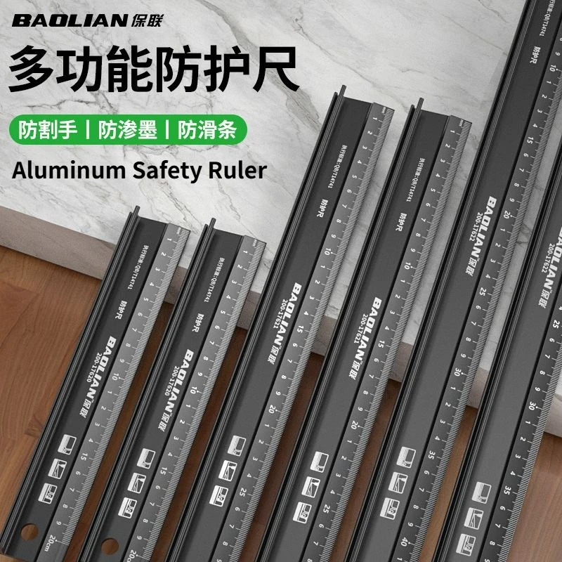 Professional Ruler Tool Multi Function Aluminum Alloy Safety Ruler with Non Slip Anti Cut Edge for Cutting  and DIY Crafts