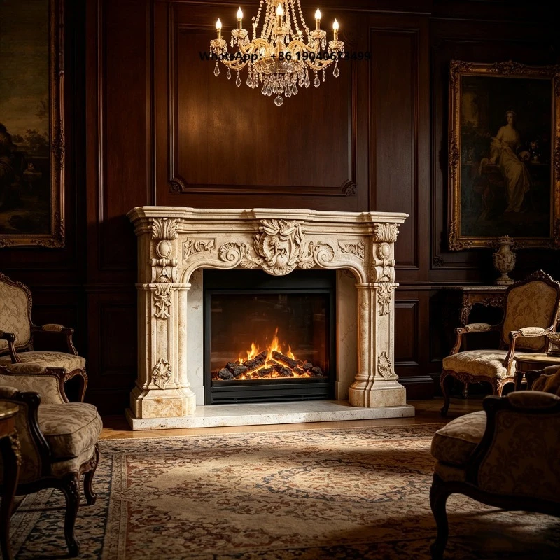 Carved Beige Marble Fireplace Surround Scroll Crest Design for Luxury Traditional Villa Hotel Project   h003