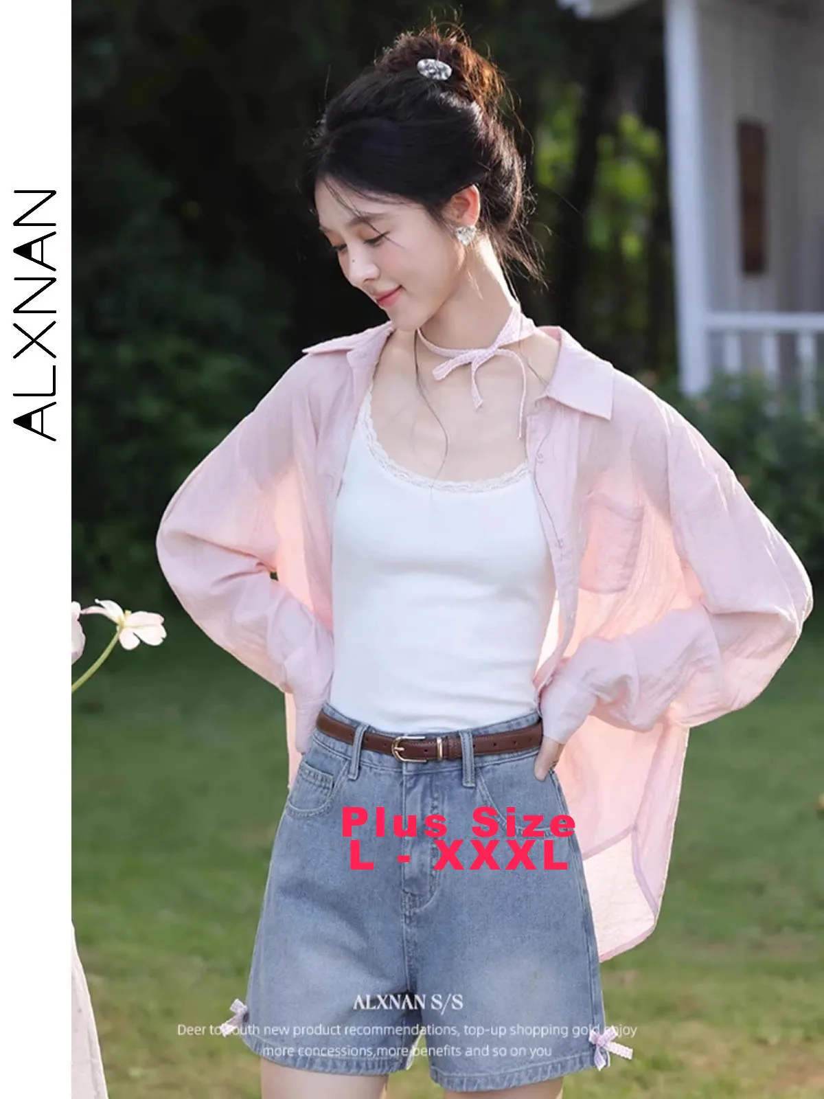 

ALXNAN Plus Size Shirt Pink Elegant Thin Sun Protection Long Sleeve Shirts 2025 Summer Casual Loose-fit Women's Blouses D11708