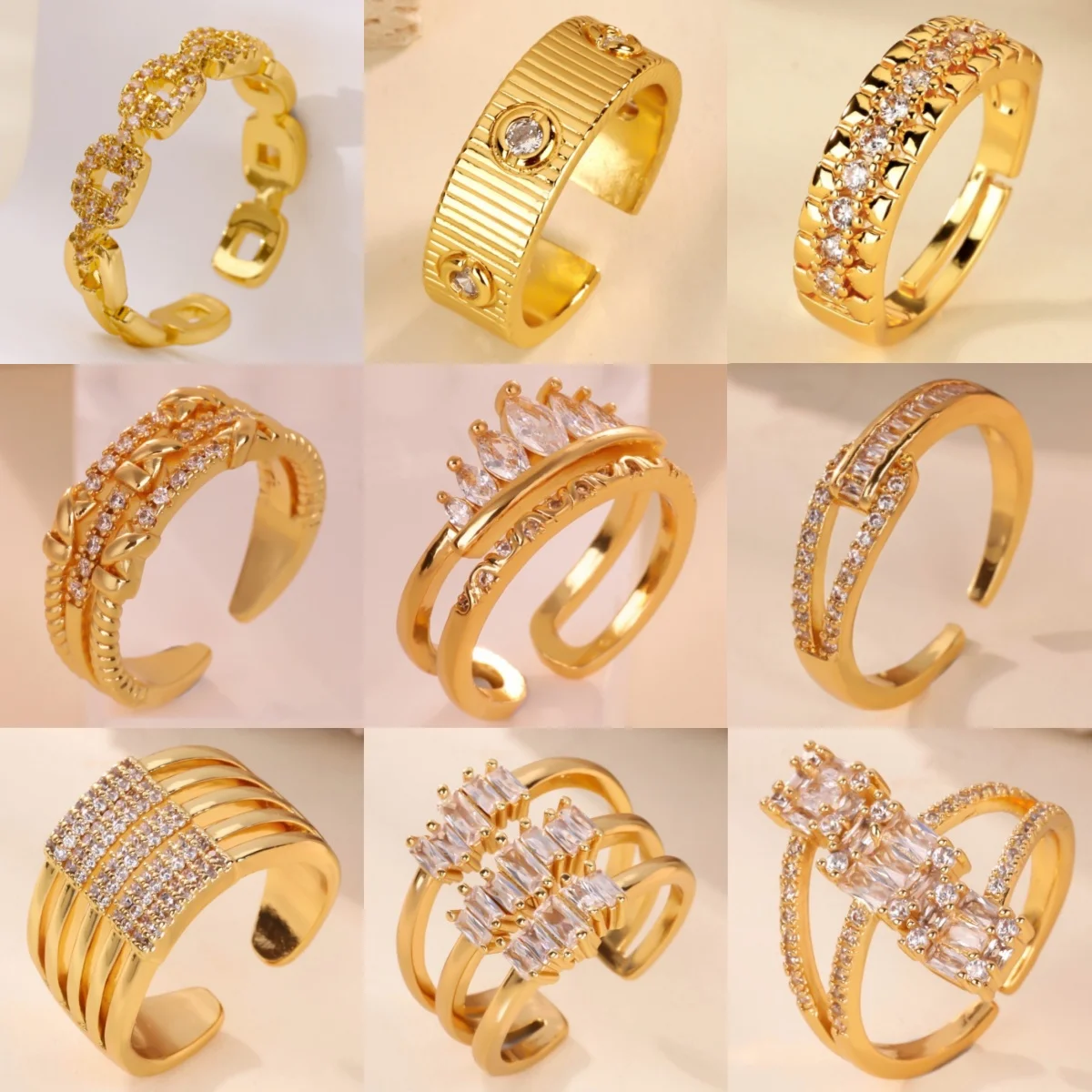 Elegant Luxury CZ Zircon Open Ring For Women Gold Color Stainless Steel Stackable Wedding Party Gift Shiny Fashion Jewelry