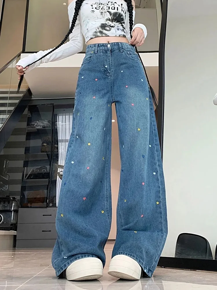 Floral Embroidery Retro Jeans Women Sweet High Waist Loose Denim Pants American Casual Preppy Style Lady Spring Vintage Trousers