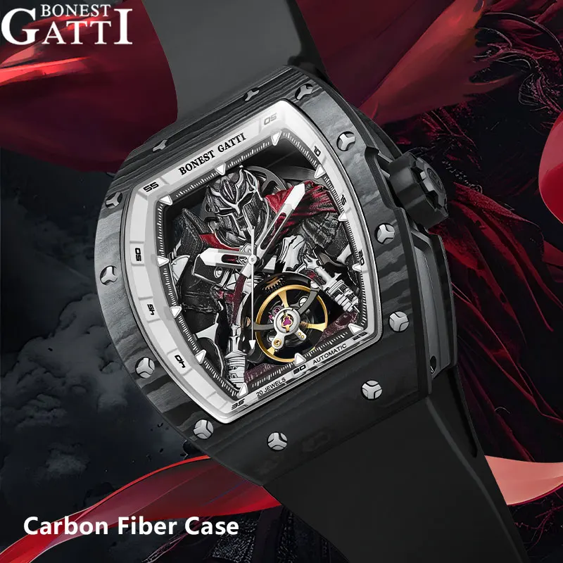 Bonest gatti 2025 novos relógios automáticos masculinos de fibra de carbono relógio de pulso mecânico vidro safira resistente à água presente para homem