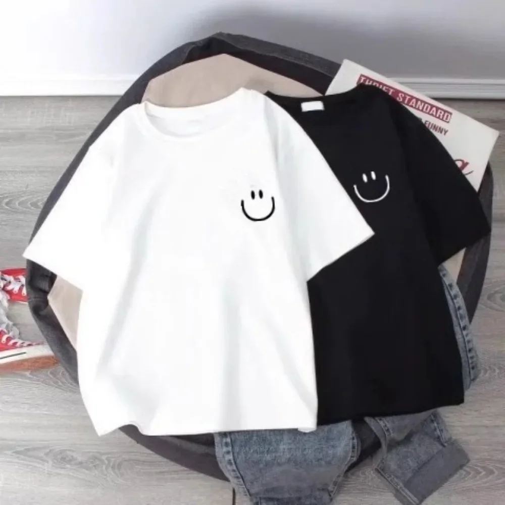 Summer Smiling Face Print Children's T-shirt Short-sleeved Pure Cotton Loose Basic Versatile Base Cool Simple Kid Girl Tees Tops