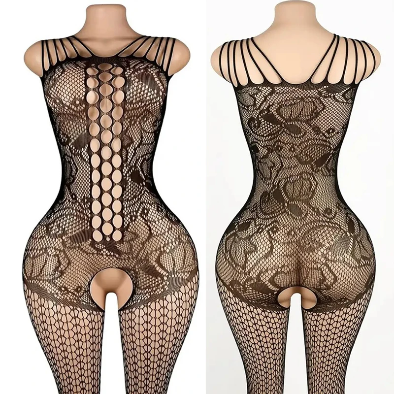 High Mesh Sexy Crotchless Long Stockings Women Suspenders Hollow Bodystockings Erotic Costumes Open Crotch Pantyhose Uniform