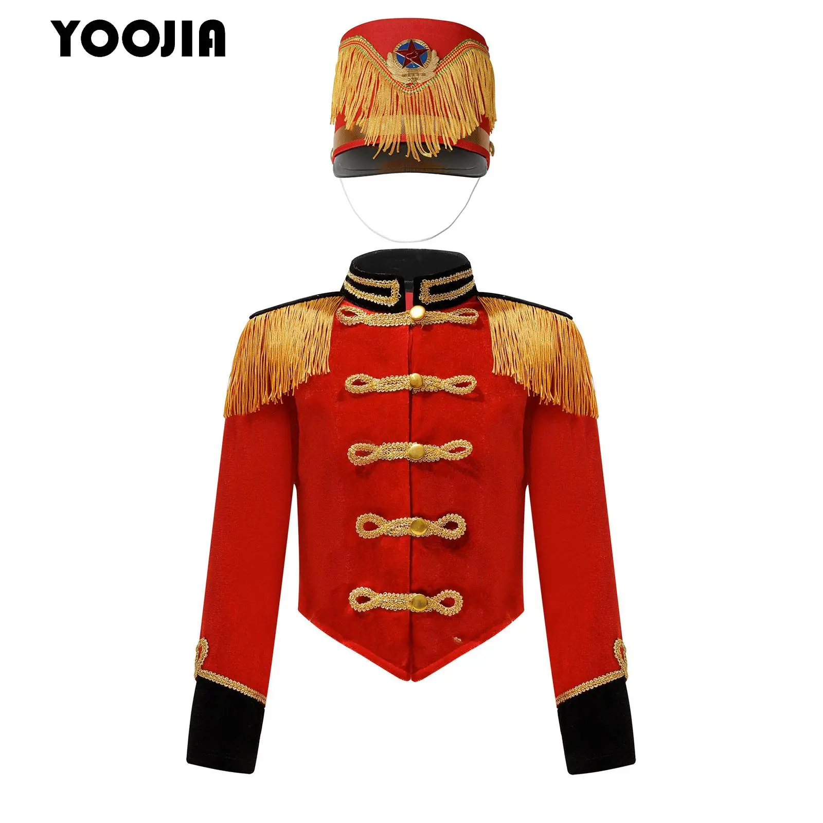 Kids Girl Circus Ringmaster Outfit Halloween Royal Honor Guard Drum Trumpet Uniform Tassel Jacket Coat and Hat Nutcrackers Set
