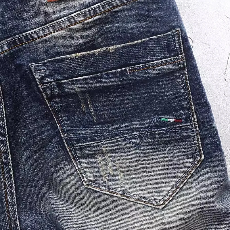 Fashion Vintage Men Jeans Shorts Summer Designer Retro Blue Stretch Slim Fit Ripped Short Jeans Embroidery Denim Shorts Men