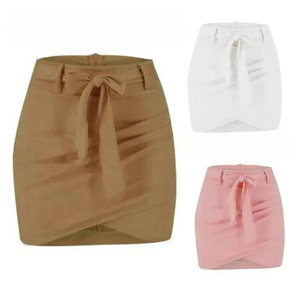 High Waist Solid Color Slim Skirt Bodycon Women Bandage Belt Asymmetric Mini