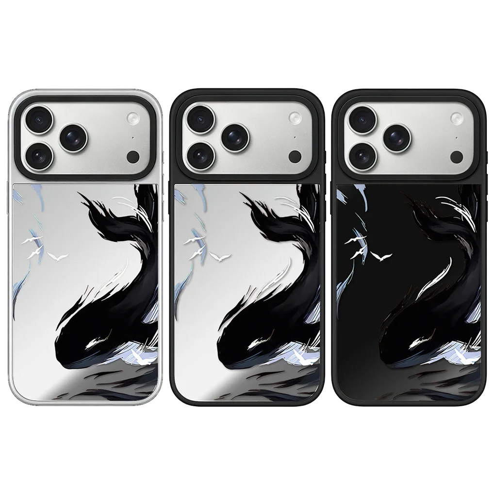 

Fish Ink Mirror Surface Black Silver Border Magnetic Case: Compatible with IPhone 17 16 15 14 13 12 Pro Max 17 Air