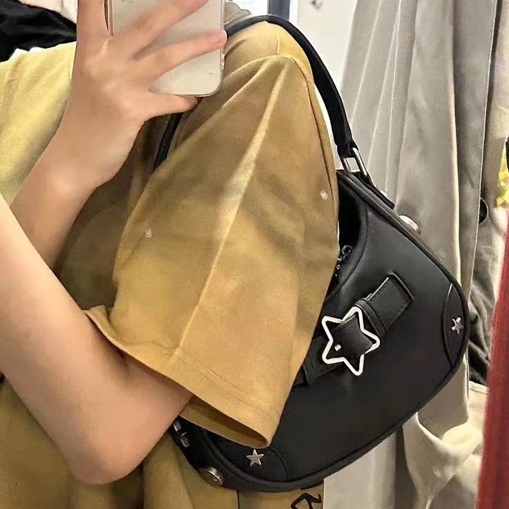 Vintage Korean Casual Cute White Star Shoulder Underarm Tote Bag Ladies Sling Bags Leather Zip Purses Handbags For Women