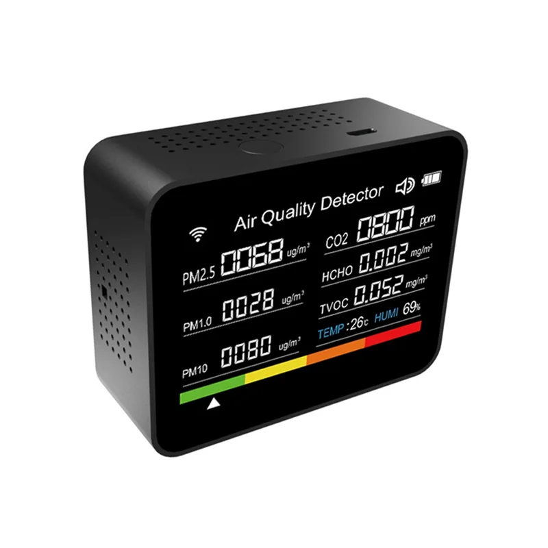 

A26I-13 в 1 Tuya WIFI монитор качества воздуха CO2/TVOC/HCHO/PM2.5/PM1.0/PM10/температура/влажность/время/дата/сигнализация/таймер прочный