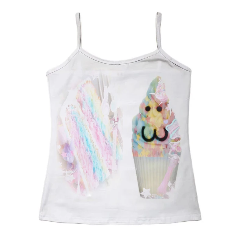 Women White Slim T-Shirt Rainbow Cupcake Ice Cream Cartoon Face Print Tee Kawaii Pastel Harajuku Y2K Streetwear Short Sleeve Cas view 2