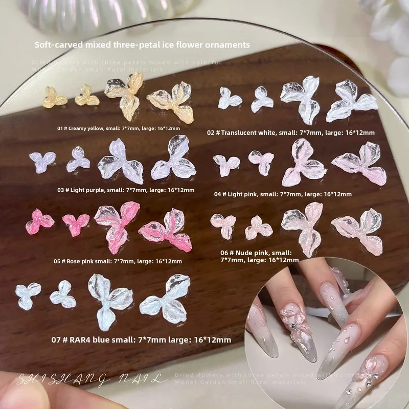LYLE 30Pcs New Cross-border Soft Carved Three Petal Flower Resin Rhinestones Transparent White Purple Press-on Nail Decorations