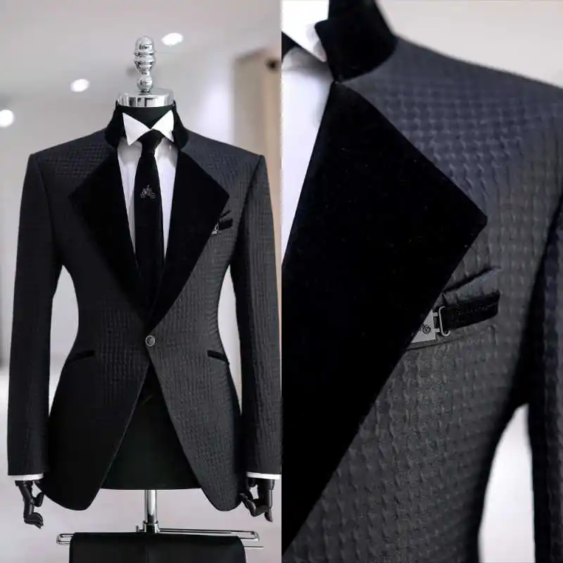 Formal Man Tuxedos Jacquard 2 Piece Set Jacket Pants Men Suit Classic Fit Single Breasted Evening Wedding Groom Customized