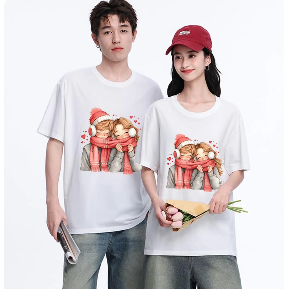 Cute Cartoon Couple Printed T Shirt Breathable Fabric S-XXL Personalized Custom T Shirt Unisex Fit Aesthetic Graphic Top Daily W