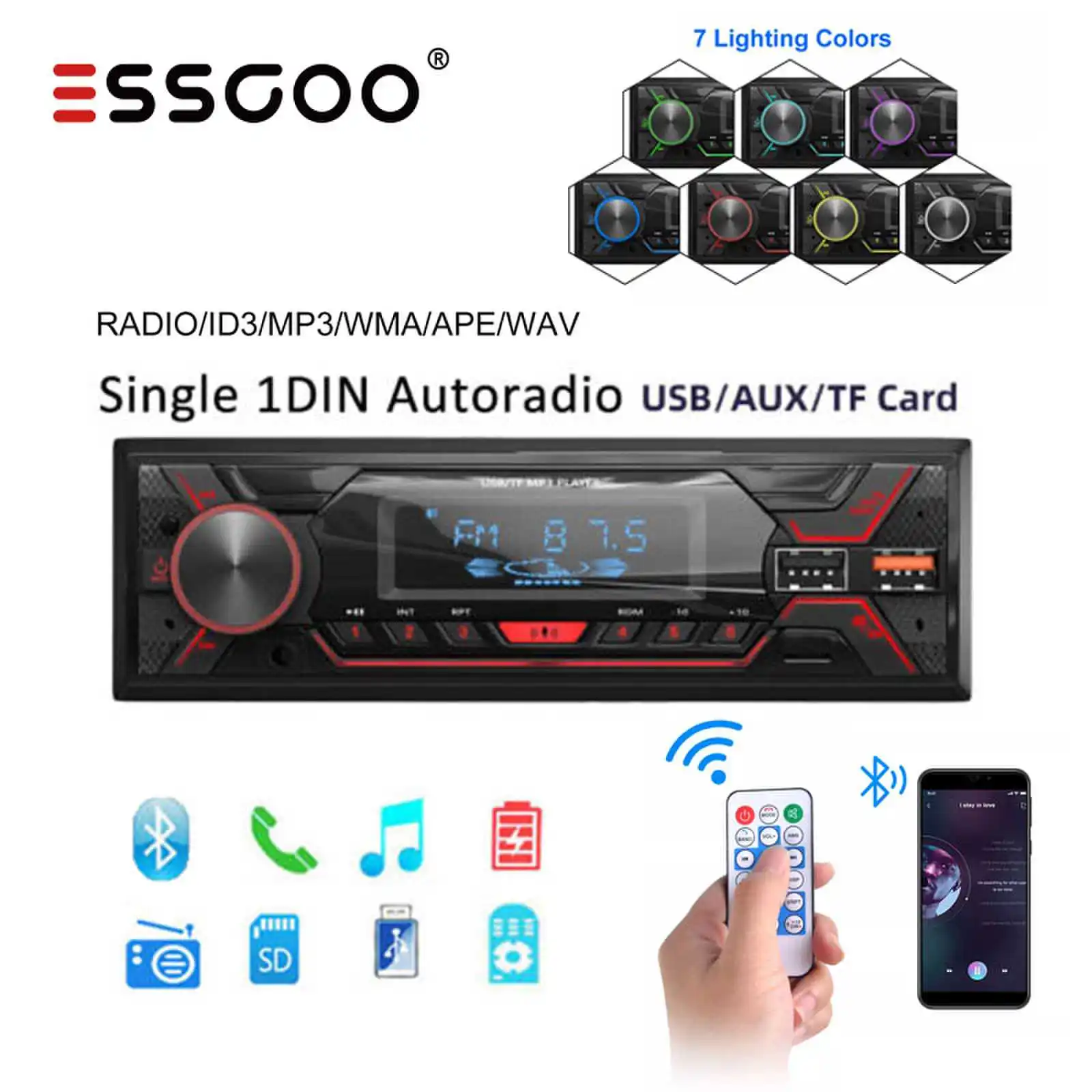 ESSGOO Car Stereo Radio Single 1Din Auto Stereo HandsFree Car Kit Bluetooth Car Autoradio Remote Control MP3 Player FM Car Audio