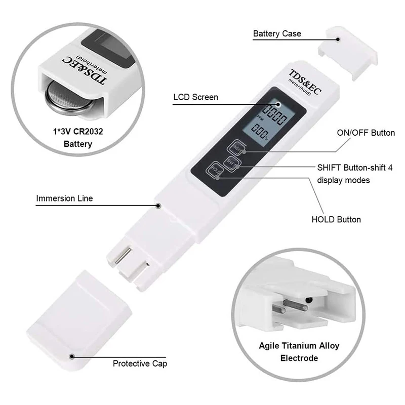 Tester digitale della qualità dell'acqua Misuratore TDS EC Gamma 0-9990 Misuratore di temperatura multifunzionale per la purezza dell'acqua TEMP PPM Tester