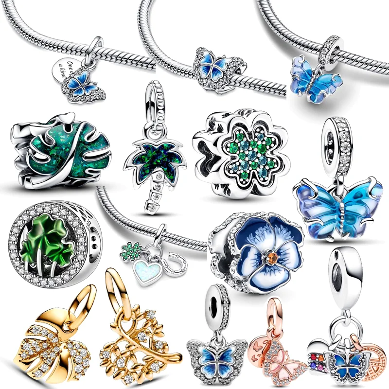 Fit Pandora Bracelet Fine Jewelry Gift 925 Silver Blue Murano Glass Butterfly Dangle Charm Green Monstera Leaves Palm Tree Beads