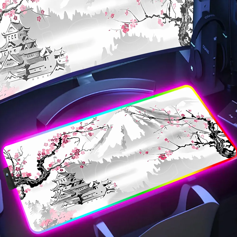 

Japan Sakura RGB Gaming Mouse Pad Xxl Computer Glowing Deskmat Cherry Blossom Mousepad Office Non-slip Carpet Gamer Keyboard Rug