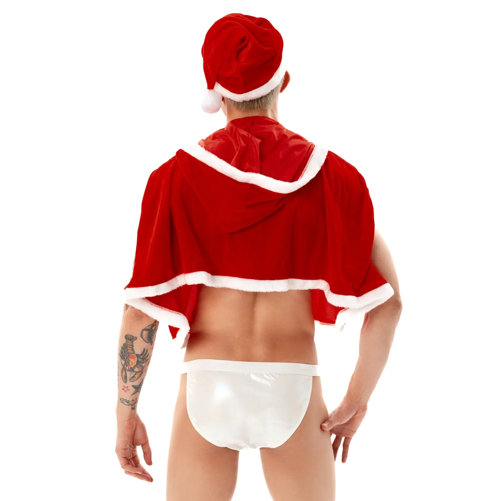 CLEVER-MENMODE Men Sexy Harness Underwear Set Bondage Lingerie Shawl Crops Tops Christmas Santa Clau Fluffy Clothing Hooded Vest