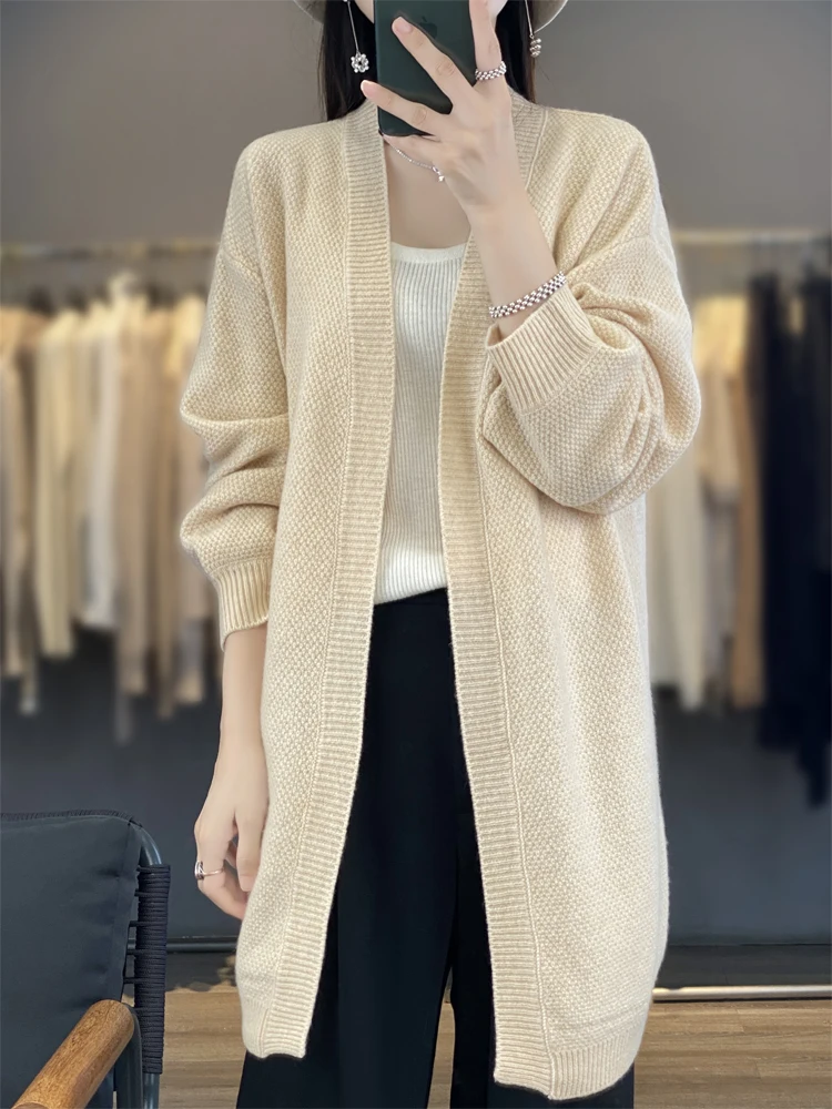 ADDONEE donna Cardigan lungo autunno inverno maglione di cachemire Casual cappotto stile allentato 100% lana Merino maglieria moda coreana top