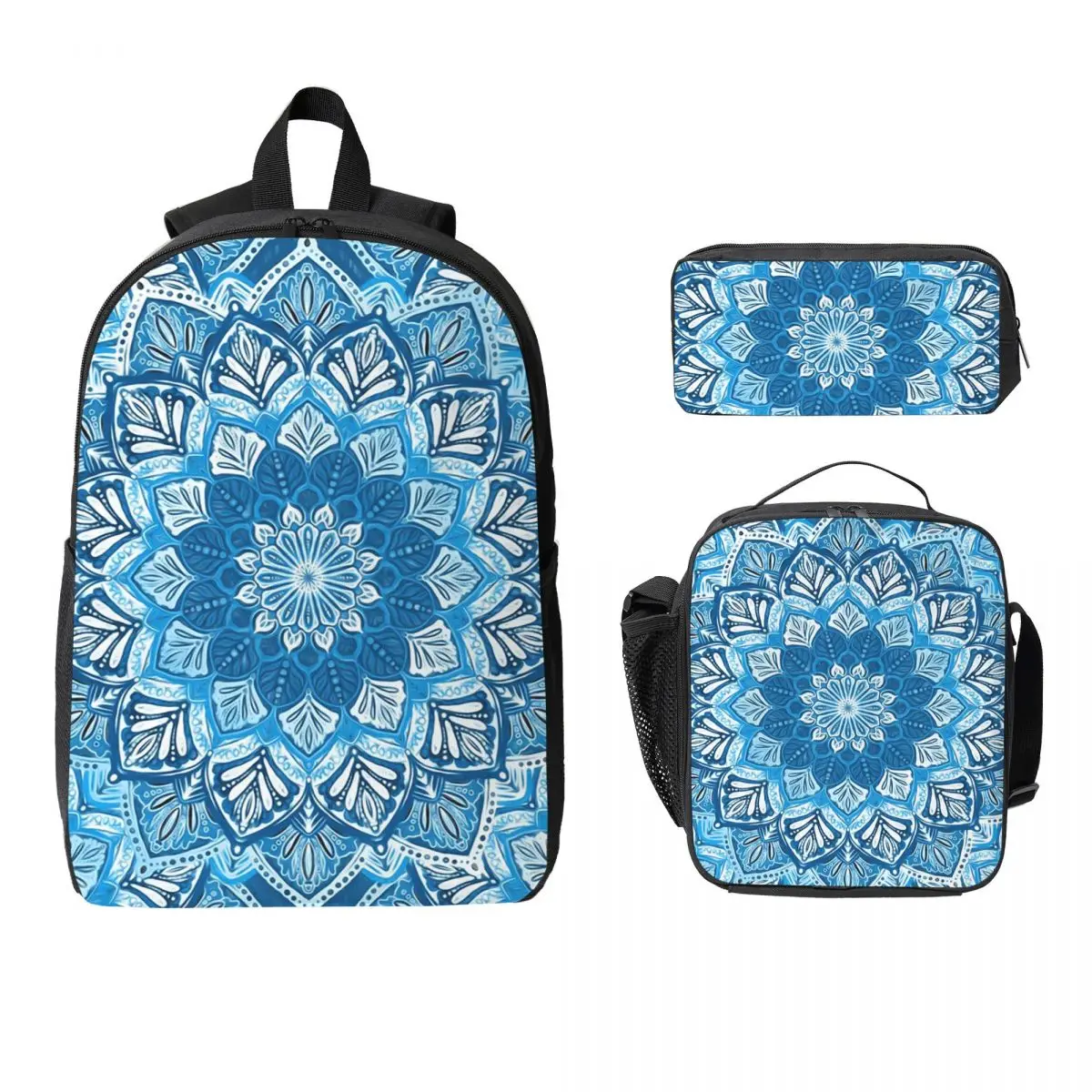 

Boho Mandala In Monochrome Backpack Student Boy Girl BookBag School Bag Laptop Shoulder Bags 3ps Insulated Lunch Bag Pencil Case