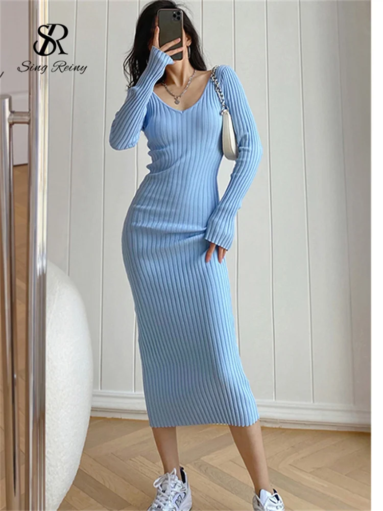 SINGRAIN Women Autumn Knitted Dress V Neck Sexy Slim Elastic Oversized Basic Bodycon Long Dress