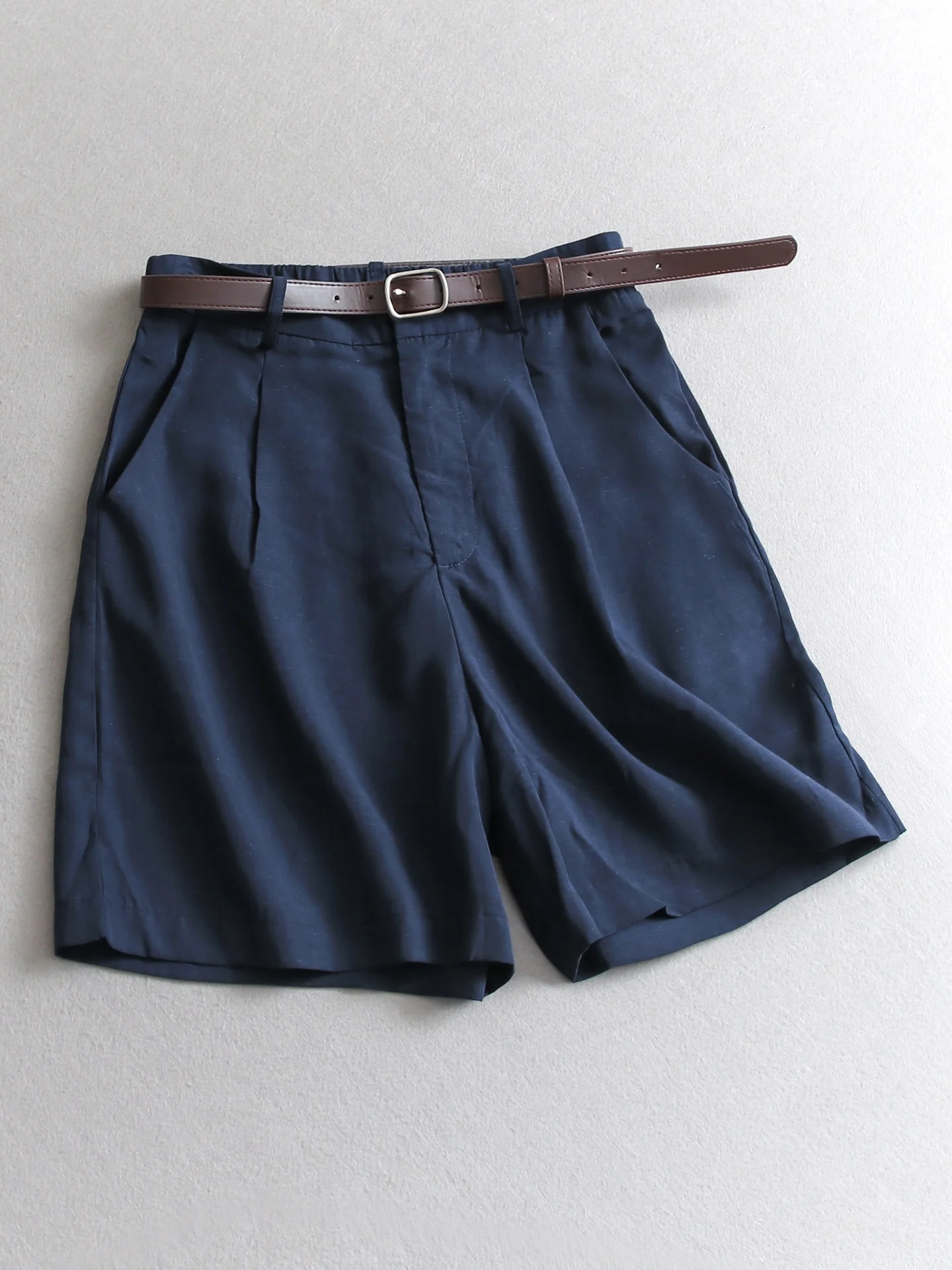 High Waist Straight Leg Loose Fit Casual Pants Women's Wide Leg Short Shorts Pure Color Belted Rigid Lenzing Lyocell Linen