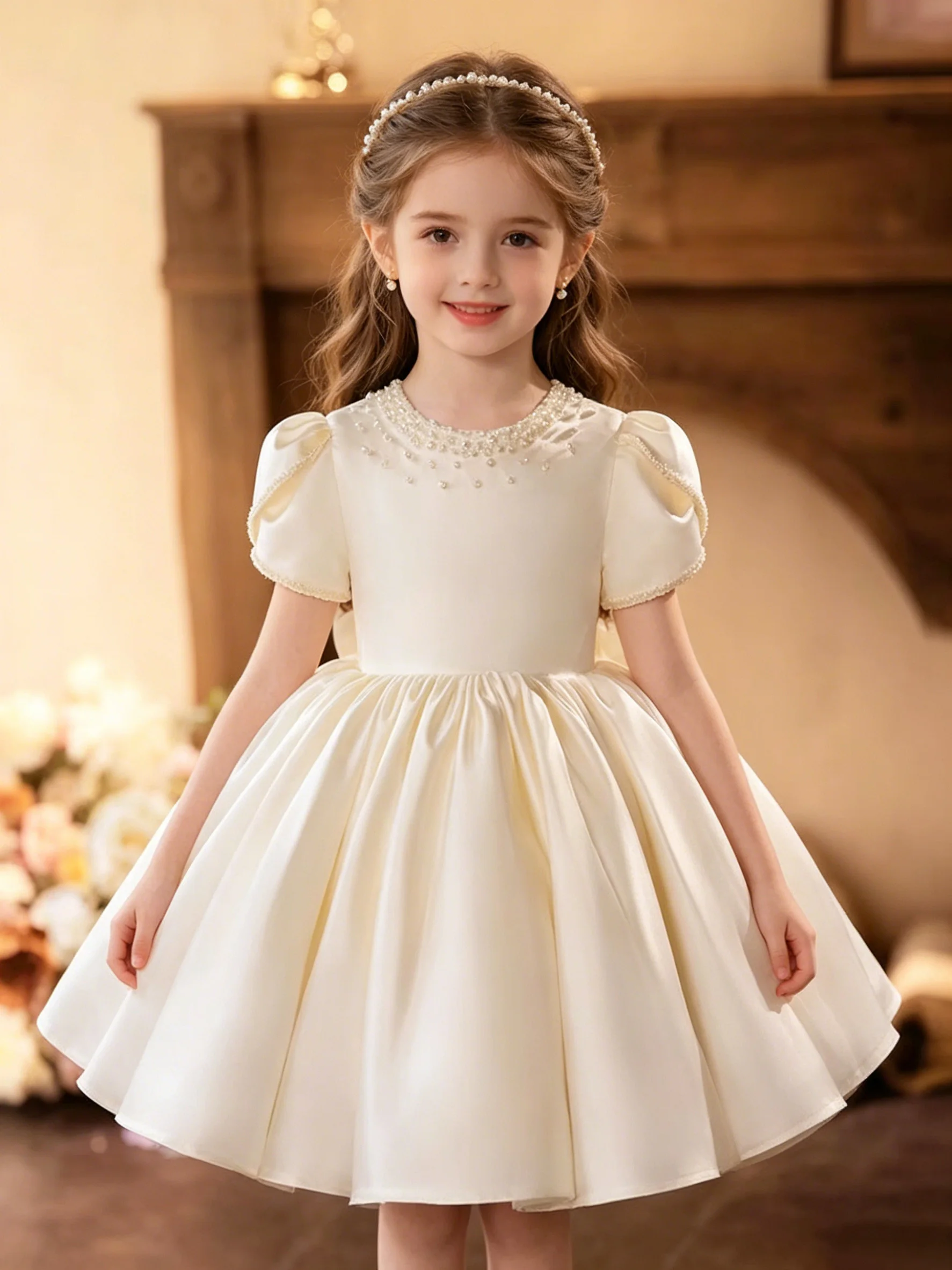 

Graceful White Girl Dress With Bow Embroidered Eid al-Fitr Birthday Holiday Party First Communion Ball Gown women's wedding part