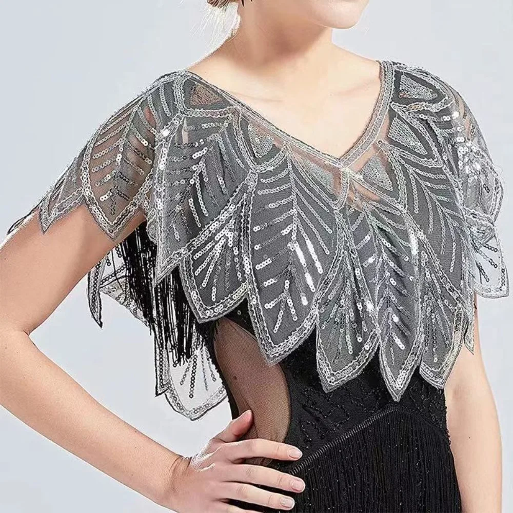 Fashion V-Neck Beading Elegant Shawl Wrap Ladies Black Lace Women Short Cape Sequined Sparking Jacket Elegant Bridal Shawl