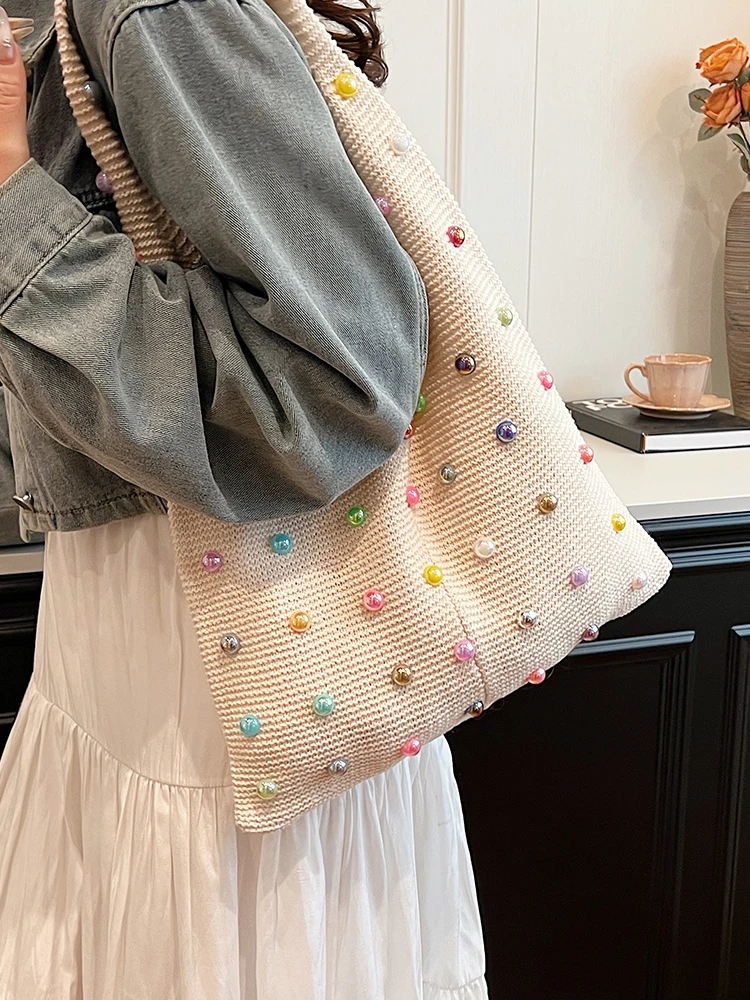 Underarm Knitted Bag for Women Korean Fashion Casual Versatile Large Capacity Tote Bags 2024 Summer New Niche Shoulder Bag