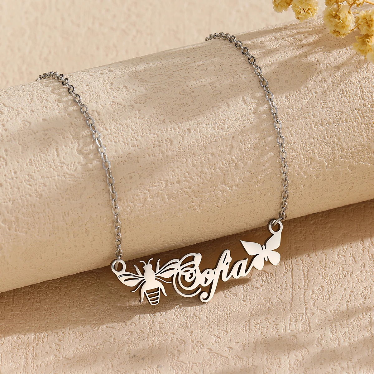 Cxwind Personalized Custom Name Necklace Hot Fashion Butterfly Graphic Stainless Steel Golden Choker Jewelry Gifts For Women
